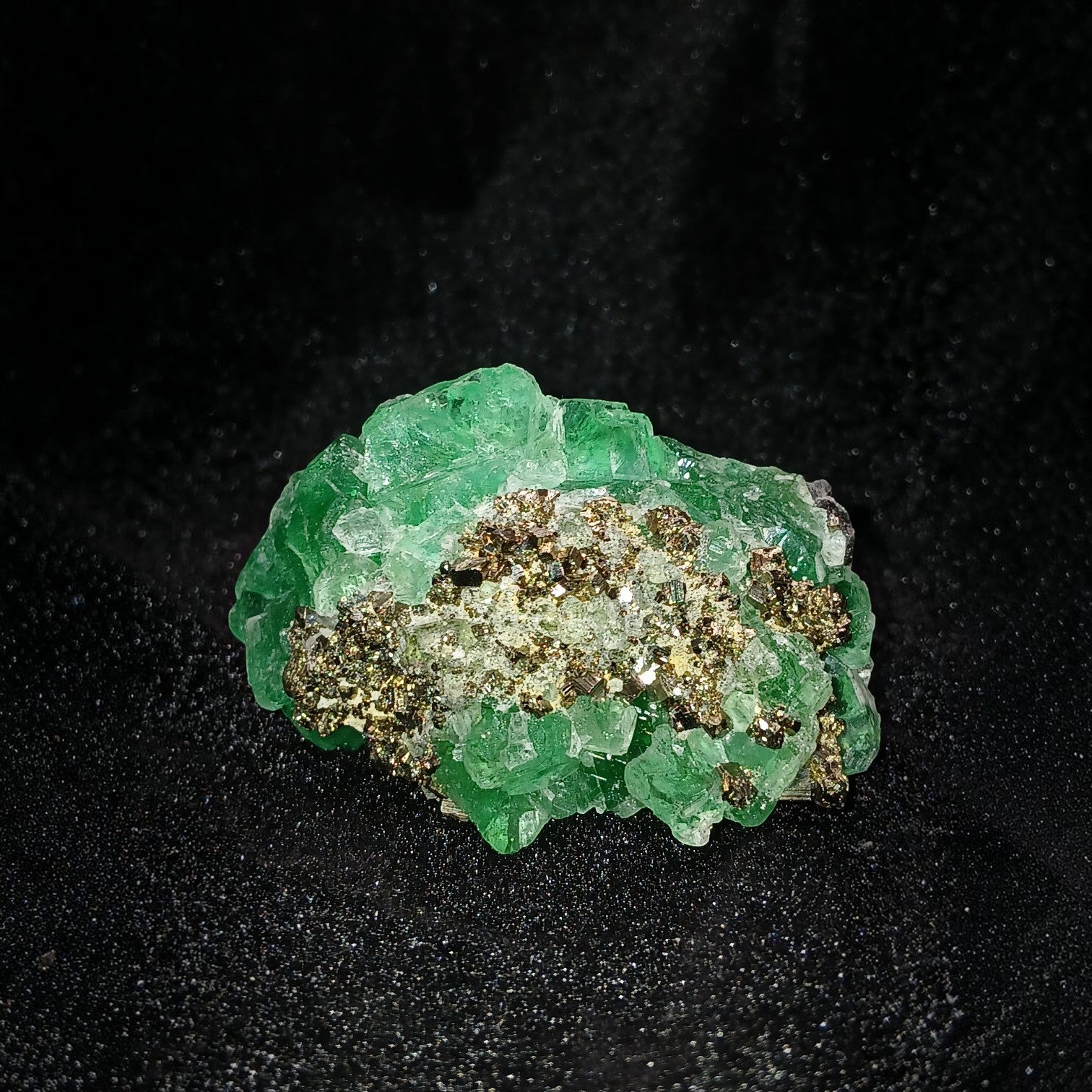 Fordite Haus: Crystals & Fordite green fluorite mineral specimen with metallic pyrite and sphalerite inclusions