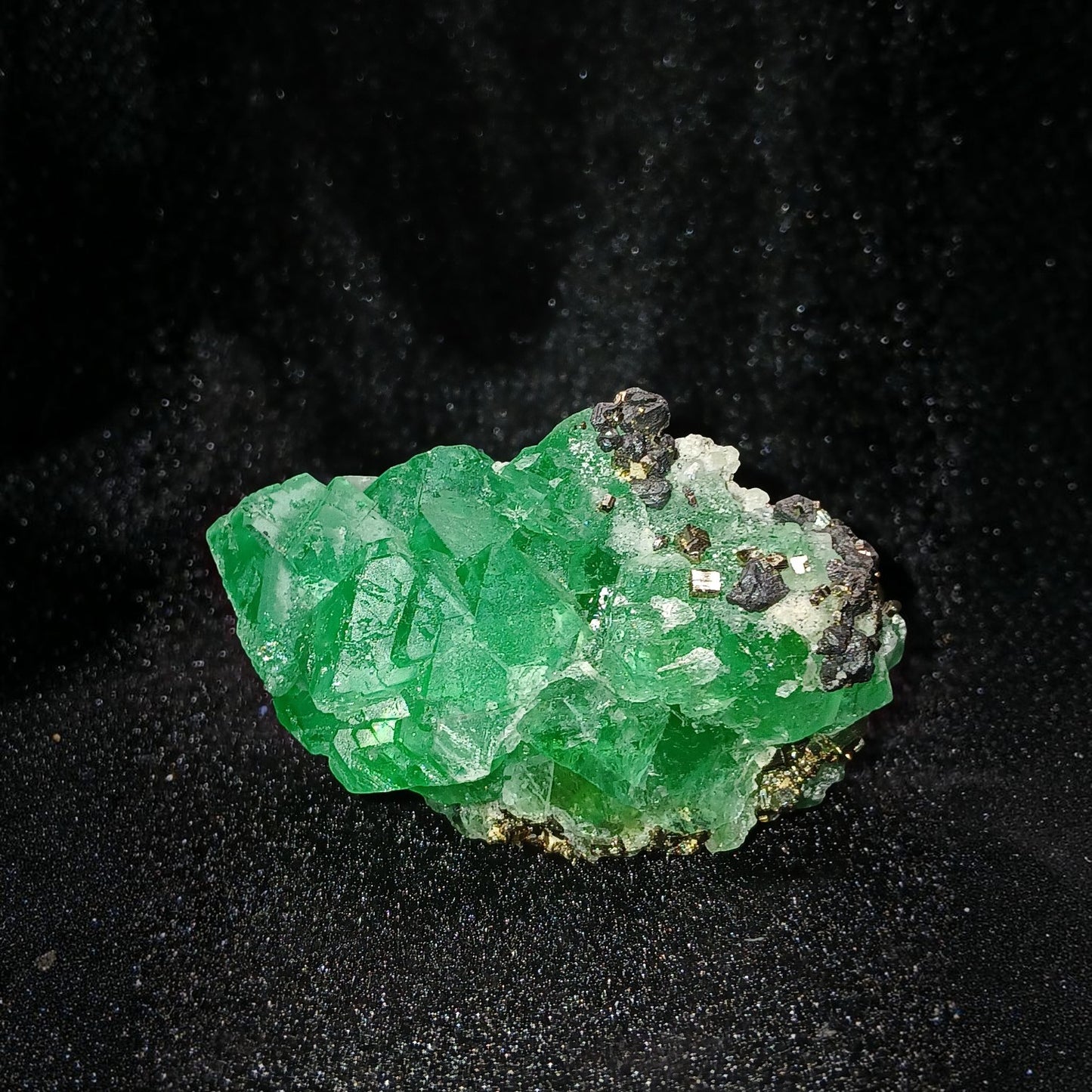 Fordite Haus: Crystals & Fordite green Milpo fluorite mineral specimen with pyrite and sphalerite crystals