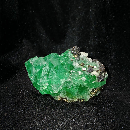 Fordite Haus: Crystals & Fordite green Milpo fluorite mineral specimen with pyrite and sphalerite crystals