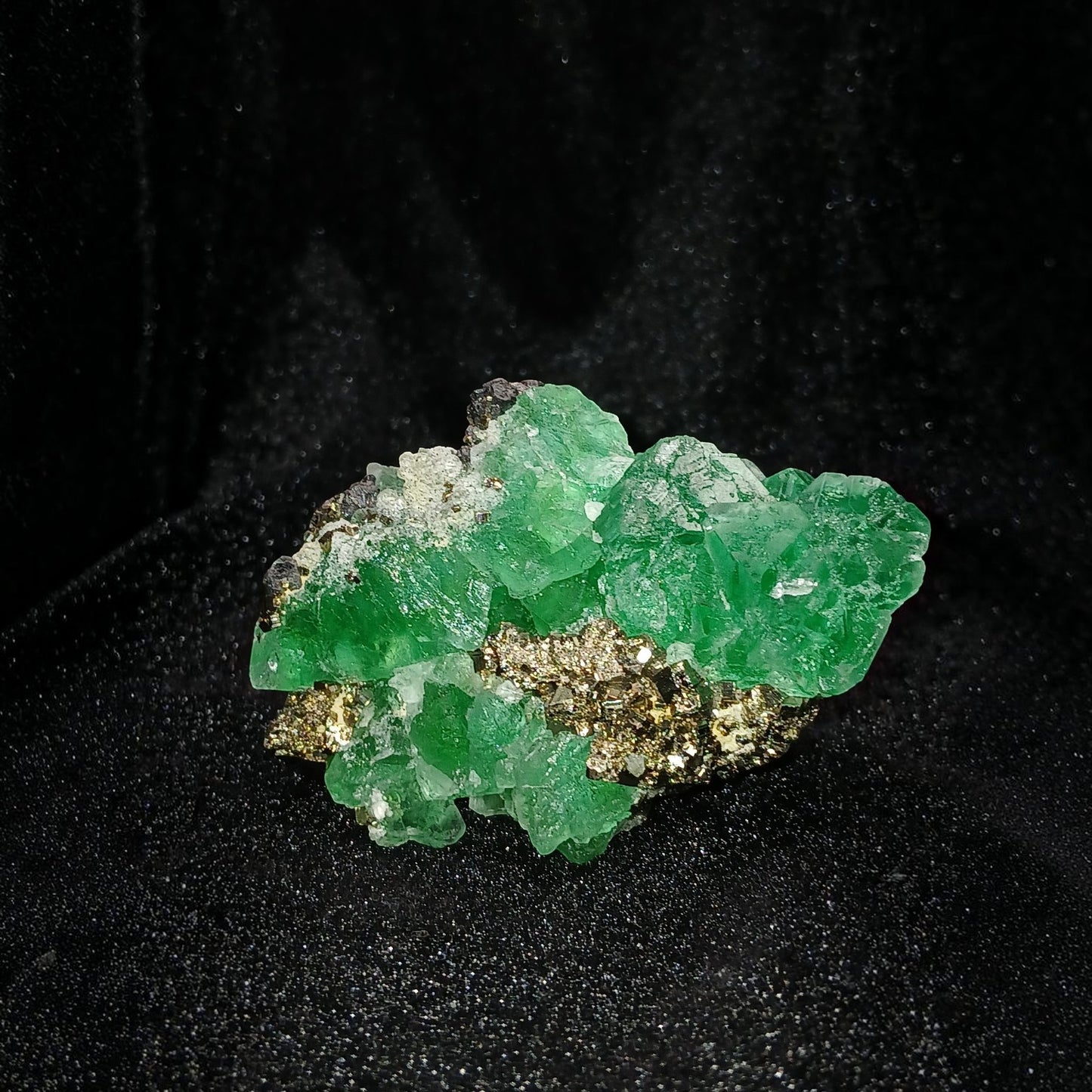 Fordite Haus: Crystals & Fordite green fluorite mineral specimen with metallic pyrite and sphalerite from Peru