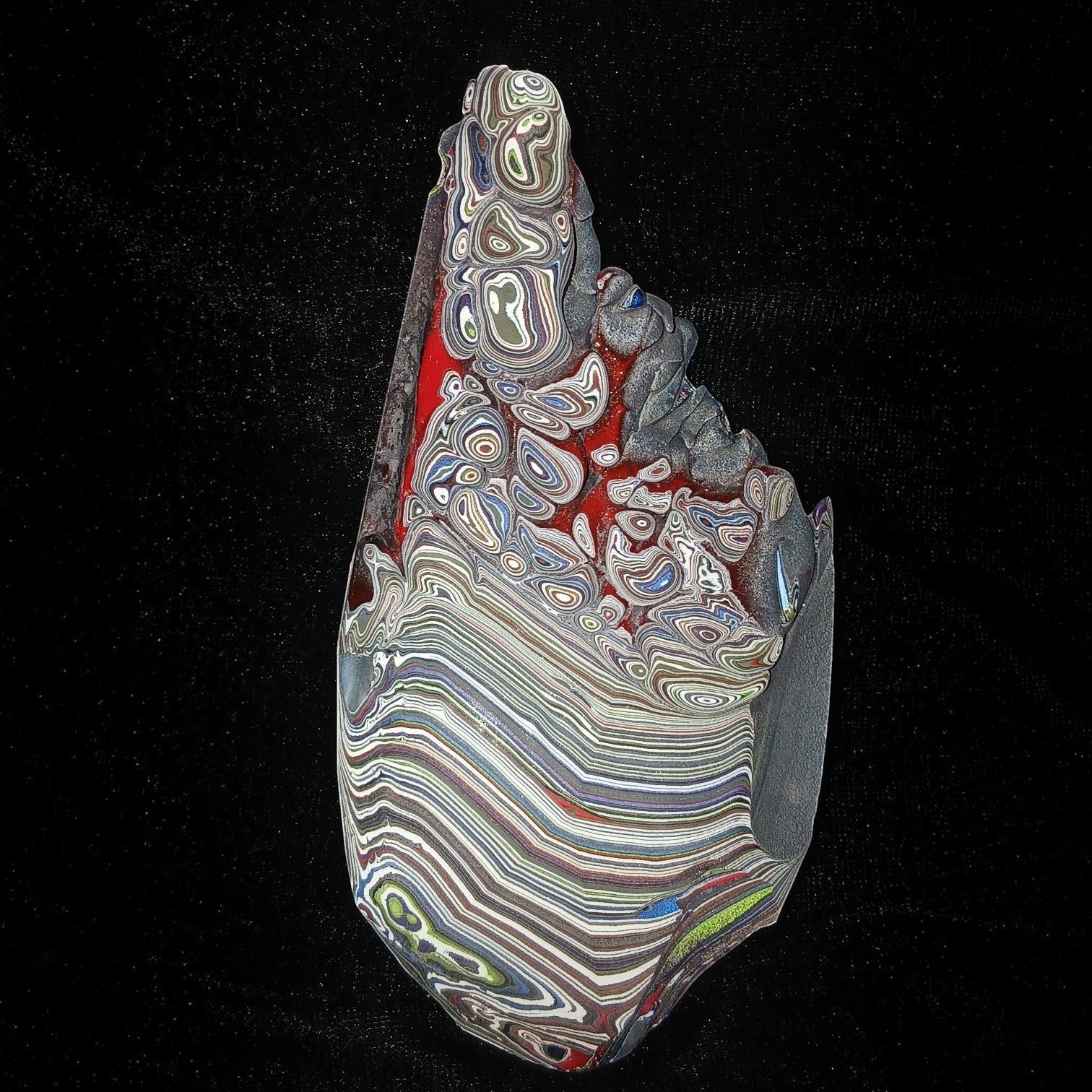 Fordite Haus: Crystals & Fordite 84g Jeepite slab with vibrant multi-colored automotive paint layers and swirls.