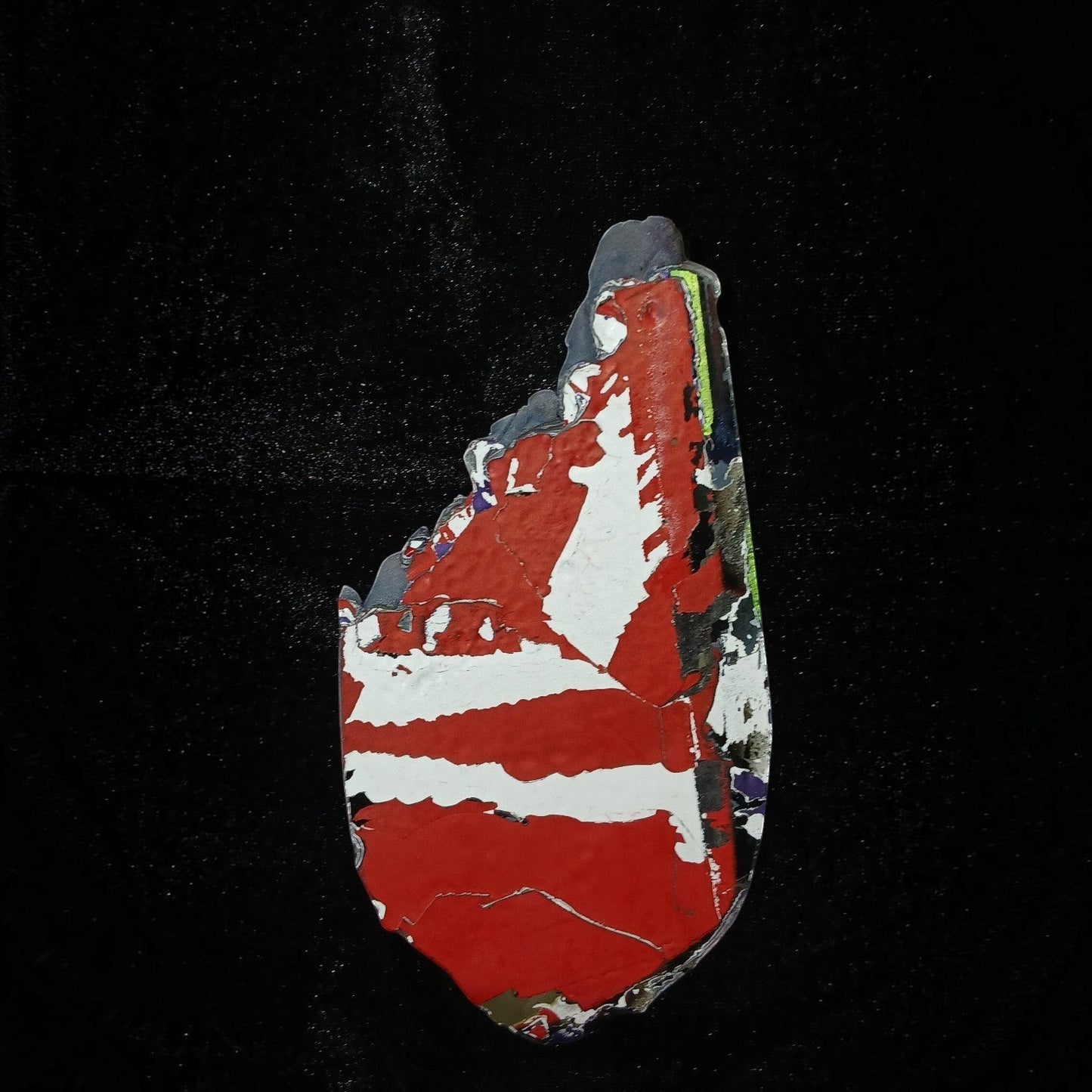 Fordite Haus: Crystals & Fordite 84g Jeepite slab with red, white, and grey automotive paint layers on black background.