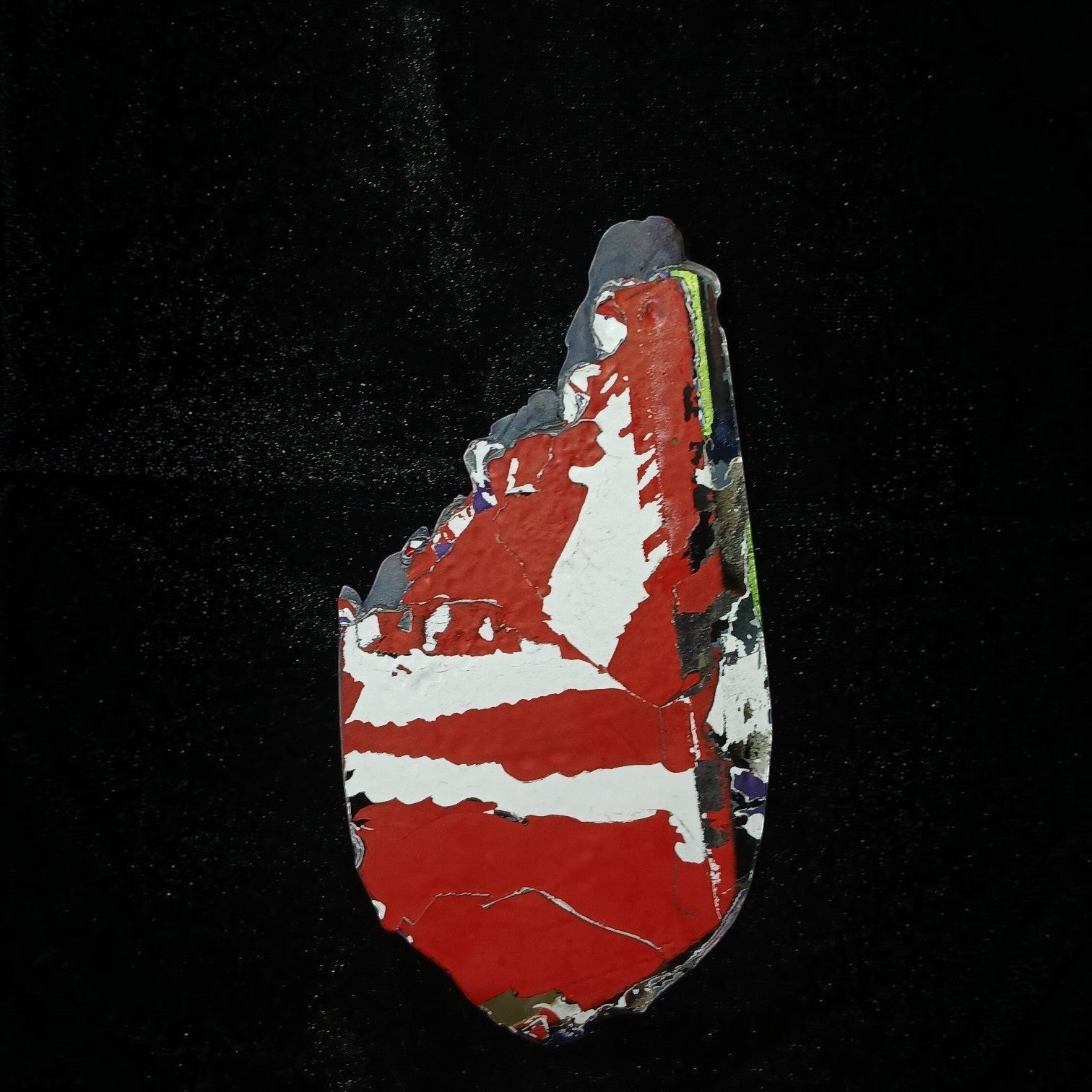 Fordite Haus: Crystals & Fordite 84g Jeepite slab with red, white, and grey automotive paint layers on black background.