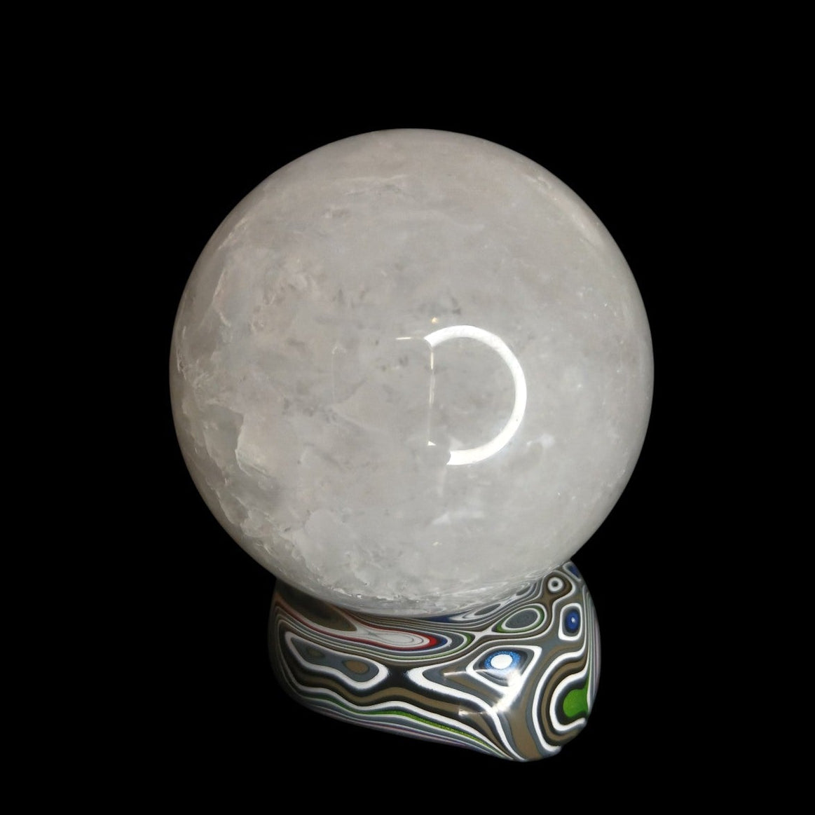 Fordite Haus: Crystals & Fordite hand-polished Jeepite sphere stand with colorful automotive paint layers