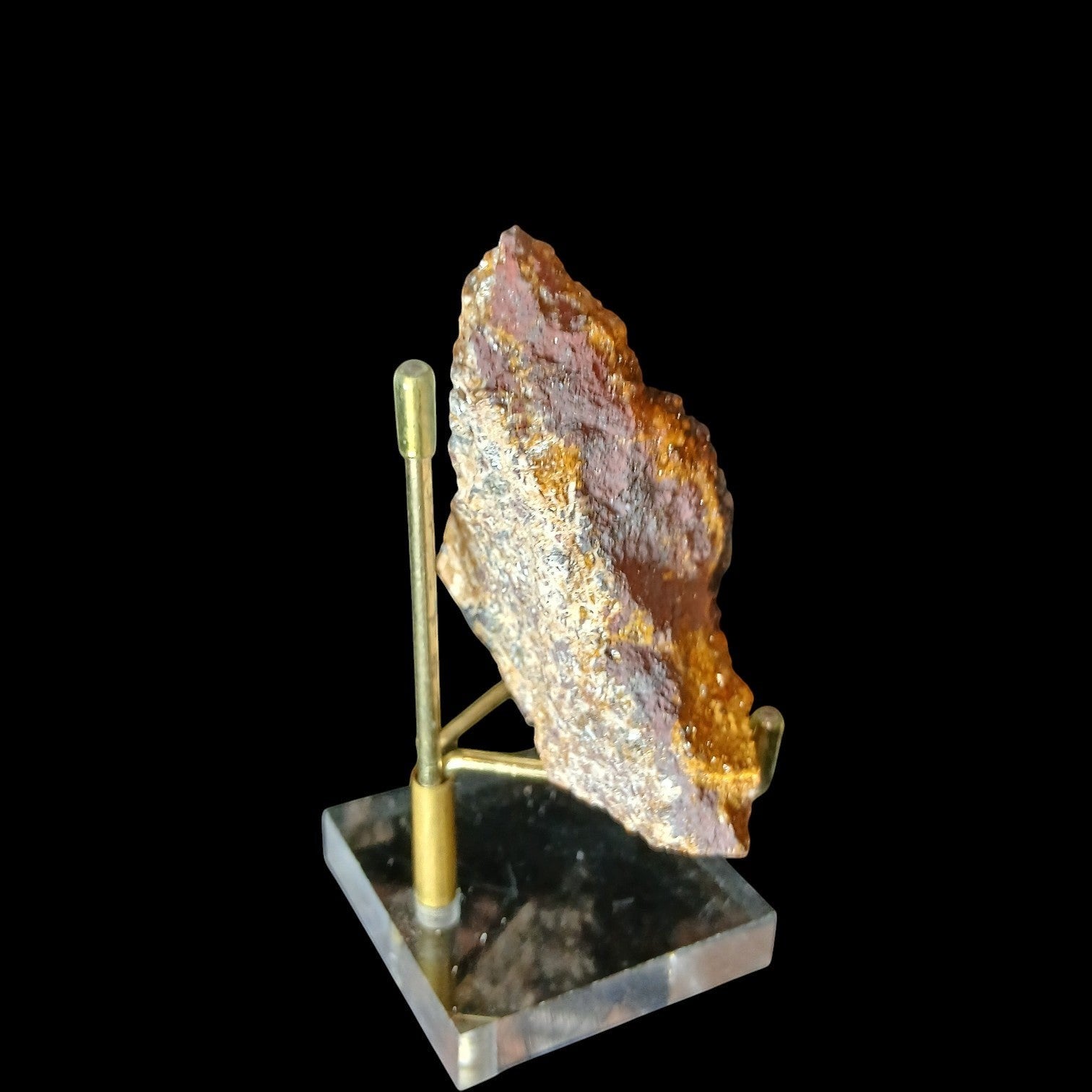 Fordite Haus: Crystals & Fordite tri-color manganese druzy quartz mineral specimen on a gold display stand.