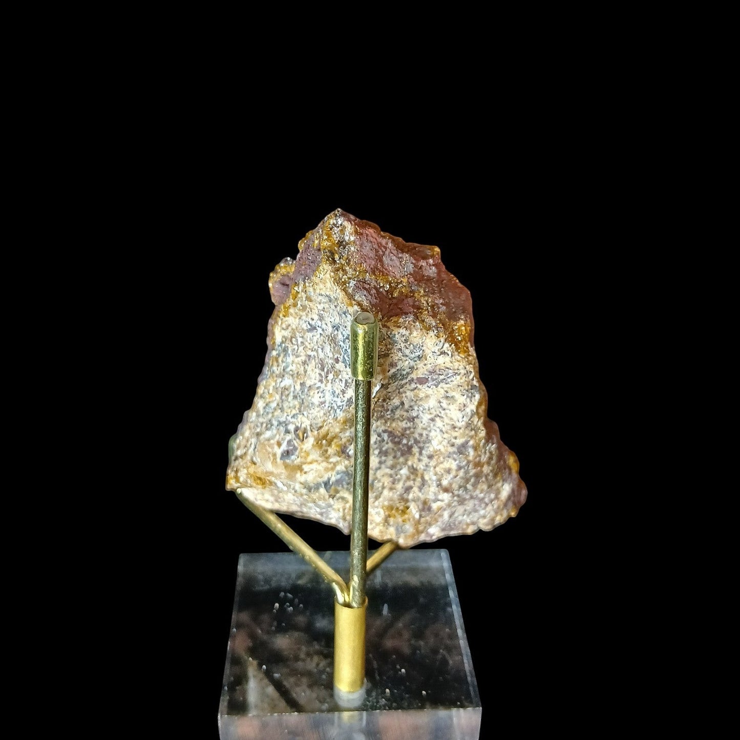 Fordite Haus: Crystals & Fordite tri-color manganese druzy quartz mineral specimen on a gold display stand.