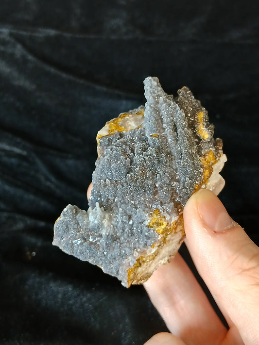 Fordite Haus: Crystals & Fordite stalactite manganese druzy quartz mineral specimen with sparkly grey and gold texture