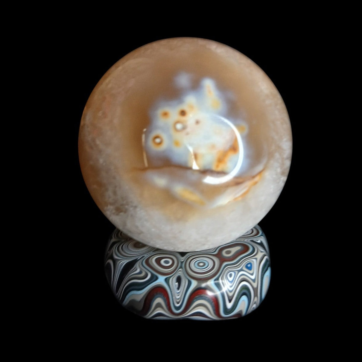 Fordite Haus: Crystals & Fordite hand-polished automotive paint mini sphere stand with colorful enamel layers