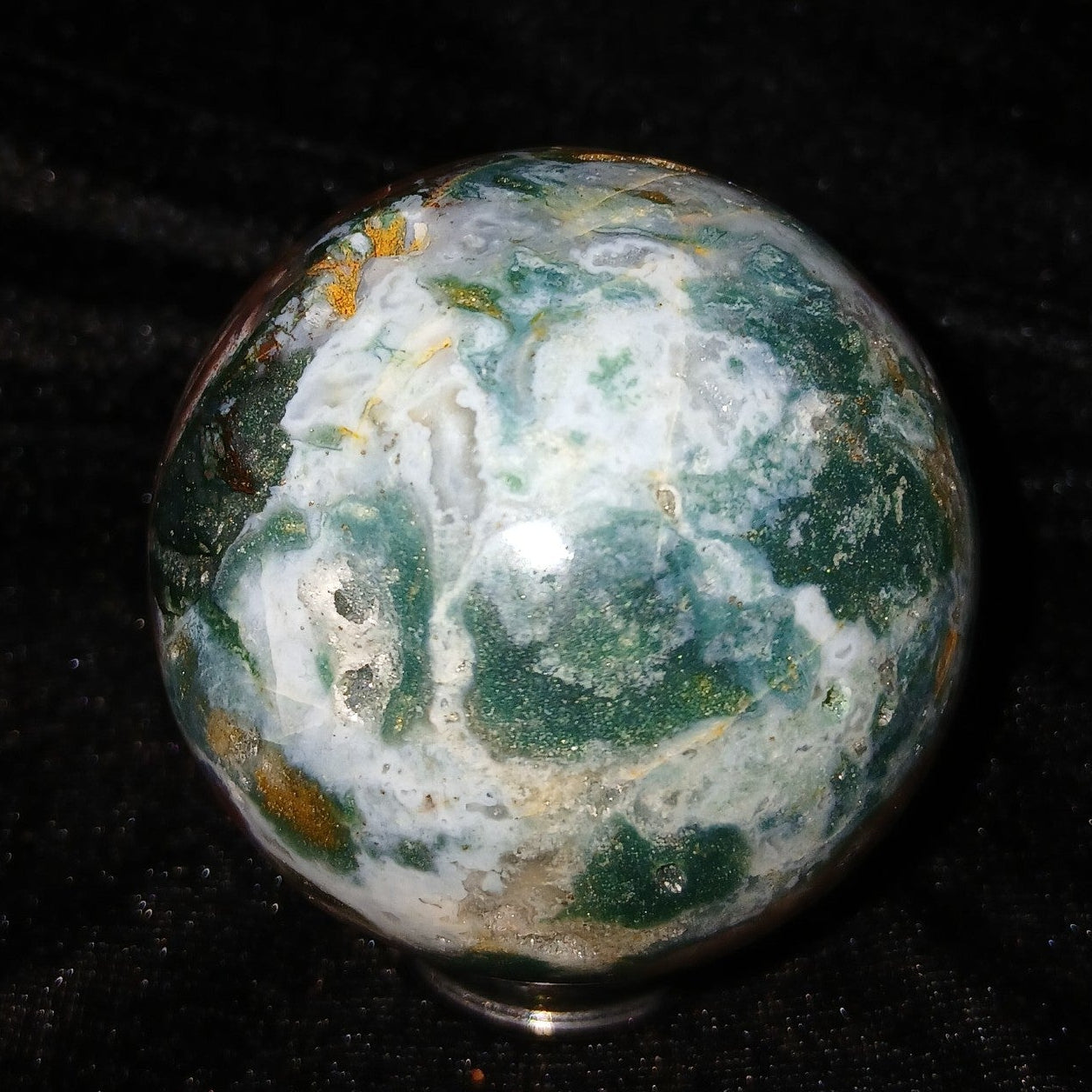 Fordite Haus: Crystals & Fordite 57.4mm Ocean Jasper sphere with green, white, and gold orbicular patterns