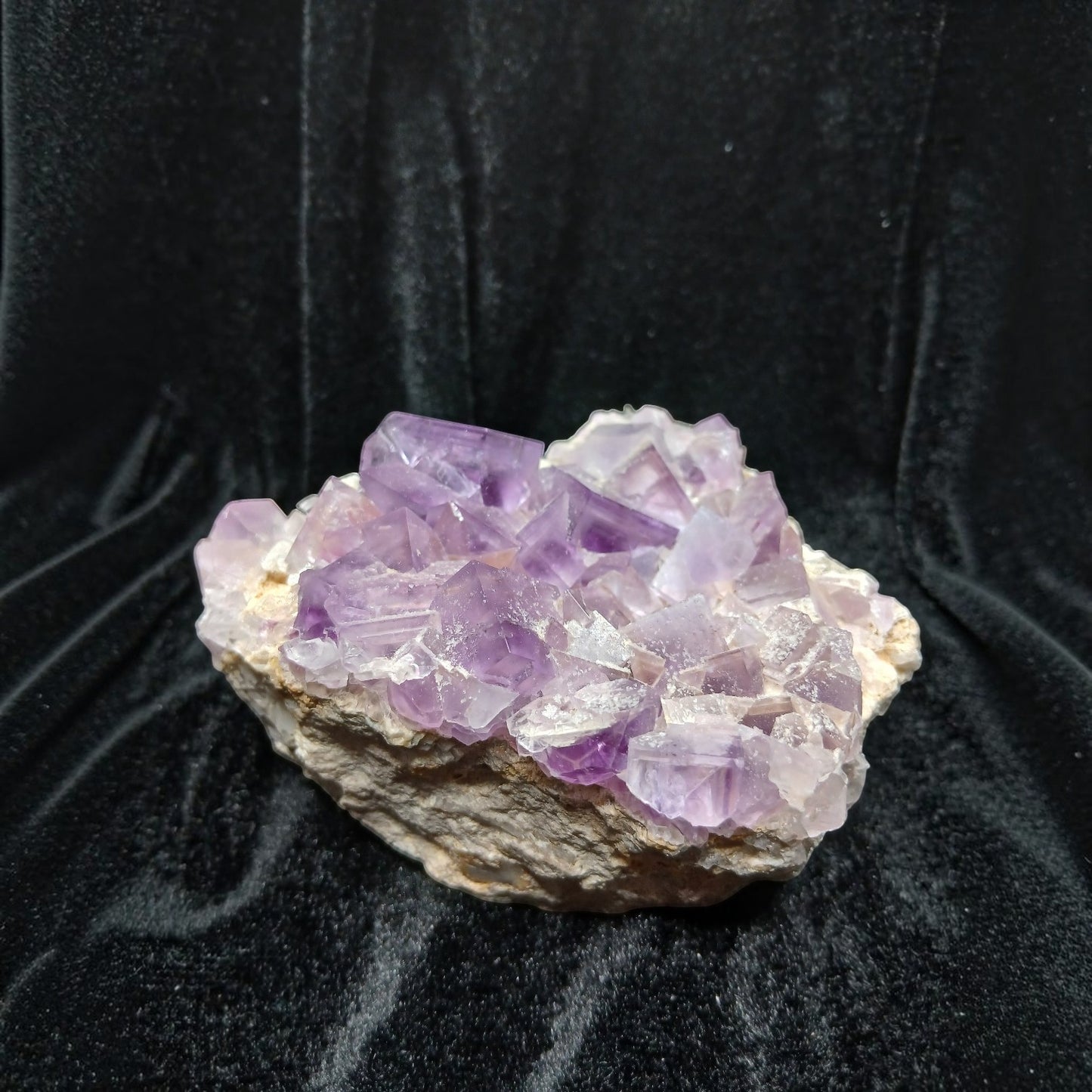 Fordite Haus: Crystals & Fordite La Viesca purple fluorite mineral specimen with cubic crystals on a black background