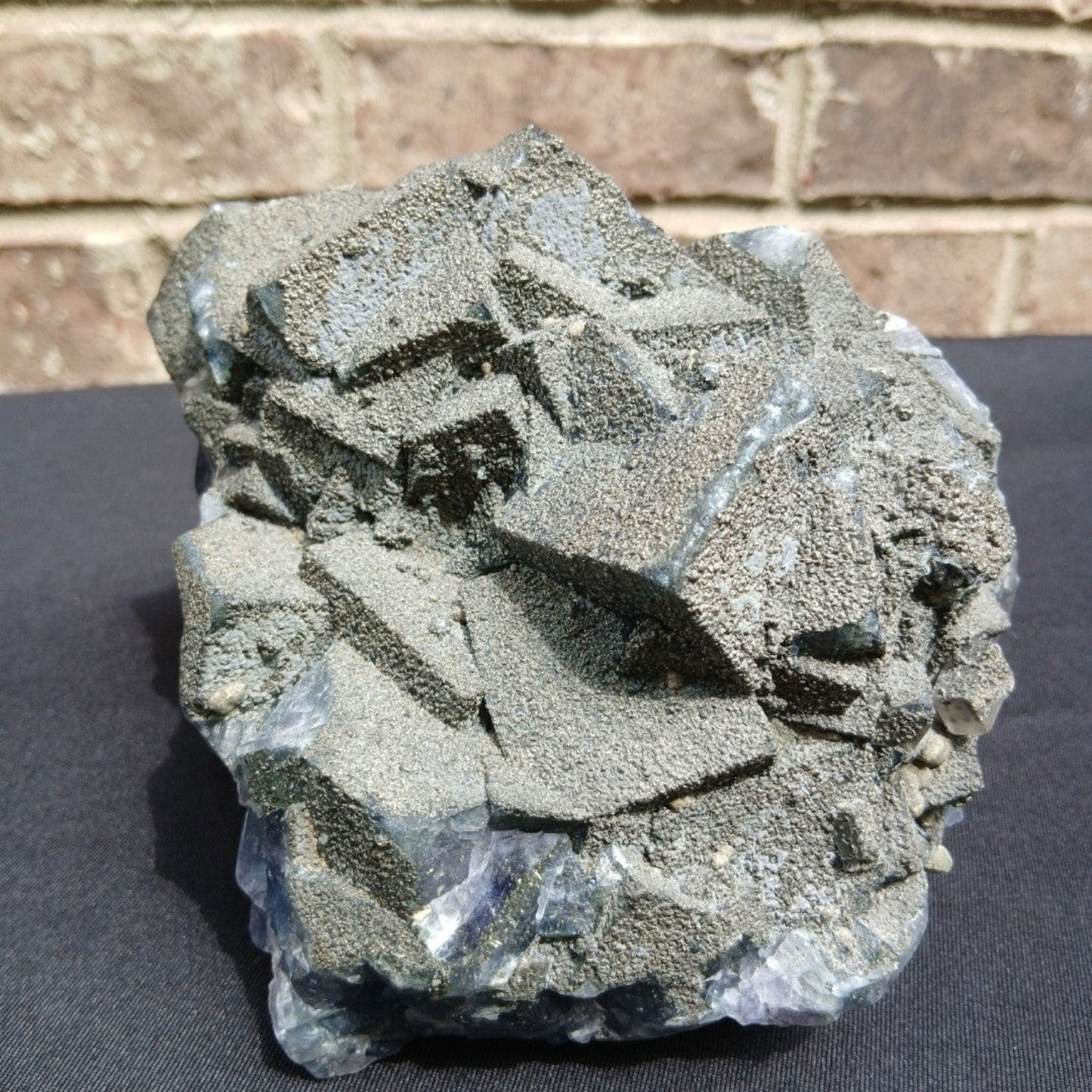 Fordite Haus: Crystals & Fordite 6.9lb cubic fluorite mineral specimen with a dusting of metallic pyrite crystals