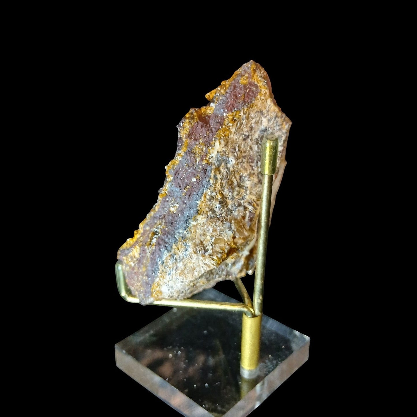 Fordite Haus: Crystals & Fordite tri-color manganese druzy quartz mineral specimen on a gold display stand