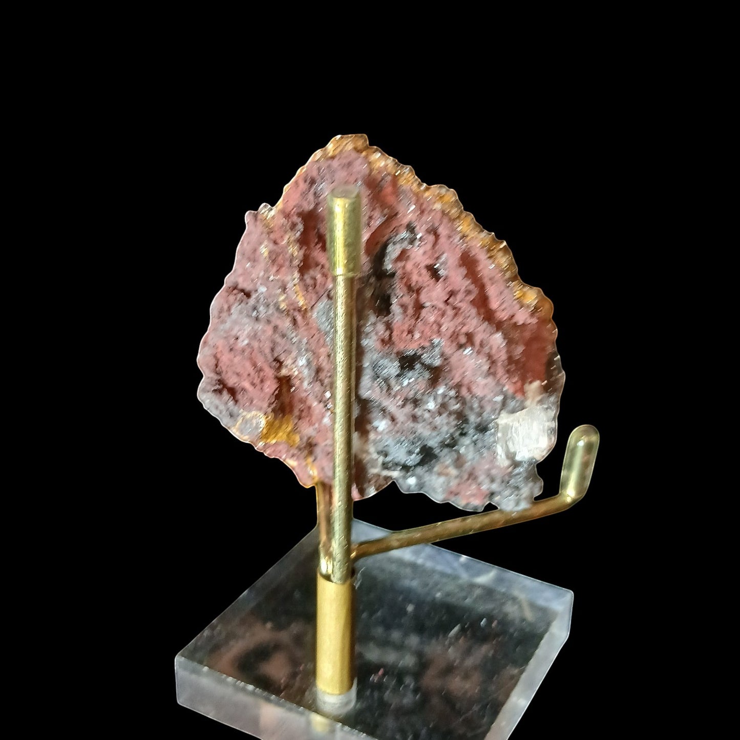 Fordite Haus: Crystals & Fordite yellow manganese druzy quartz mineral specimen on a gold display stand