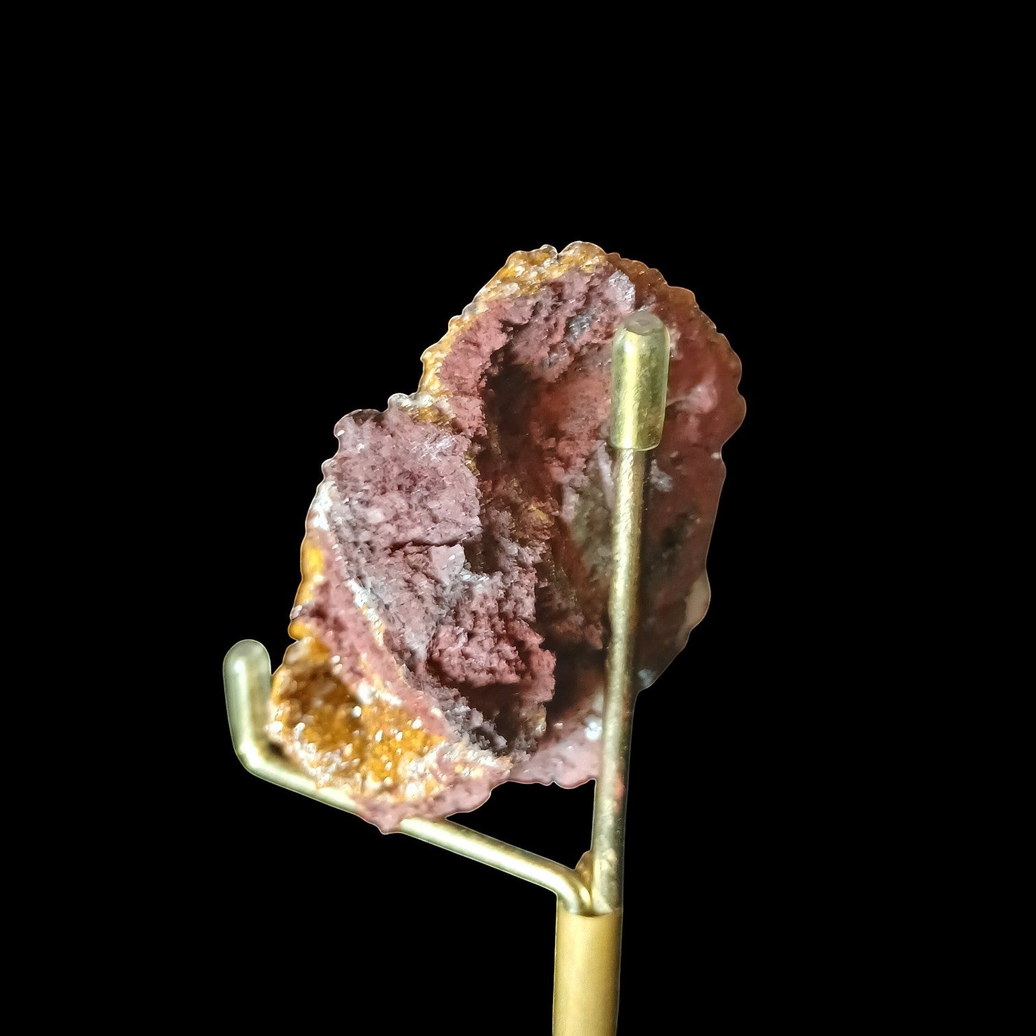 Fordite Haus: Crystals & Fordite yellow manganese druzy quartz mineral specimen on a gold display stand