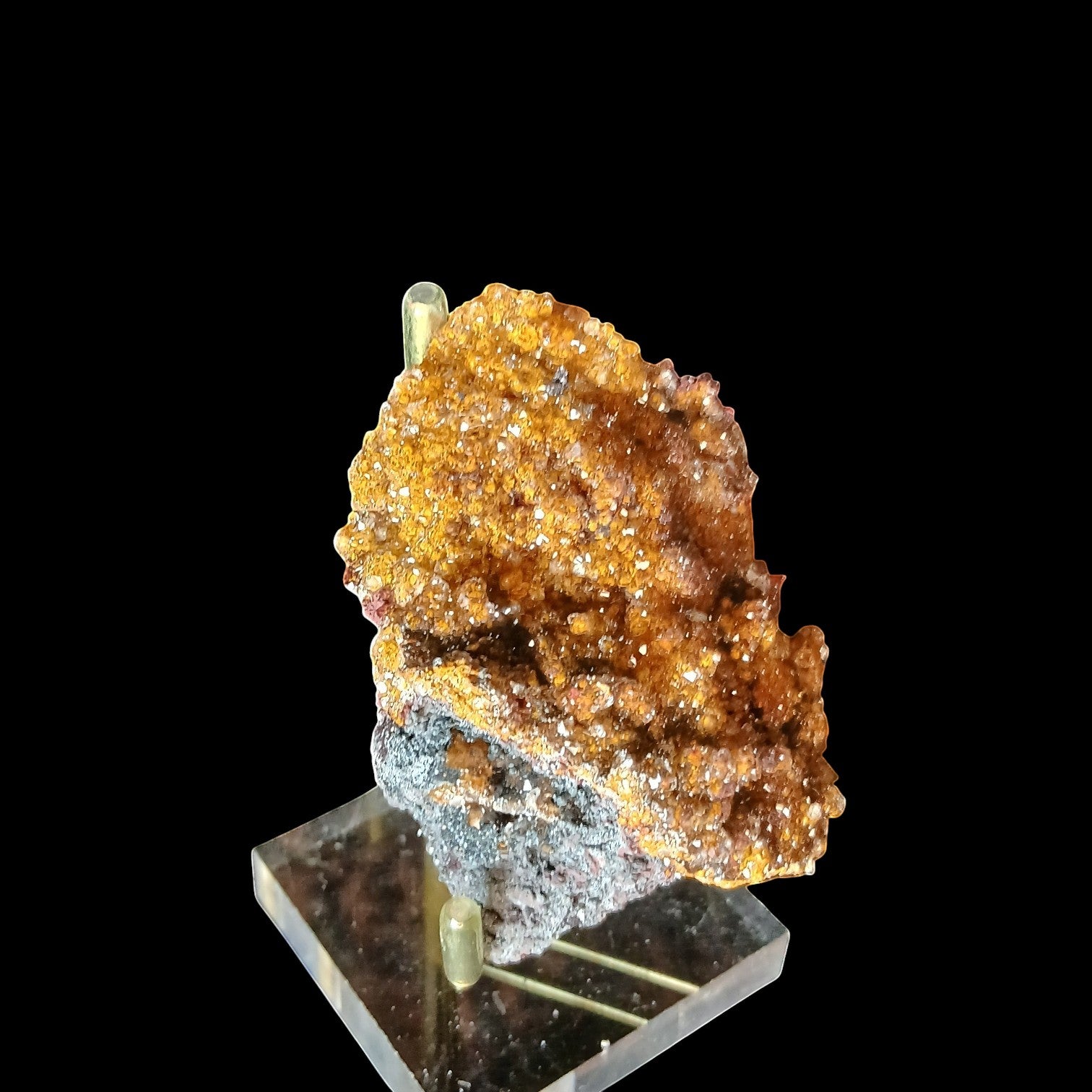 Fordite Haus: Crystals & Fordite yellow manganese druzy quartz mineral specimen with sparkly texture on display stand
