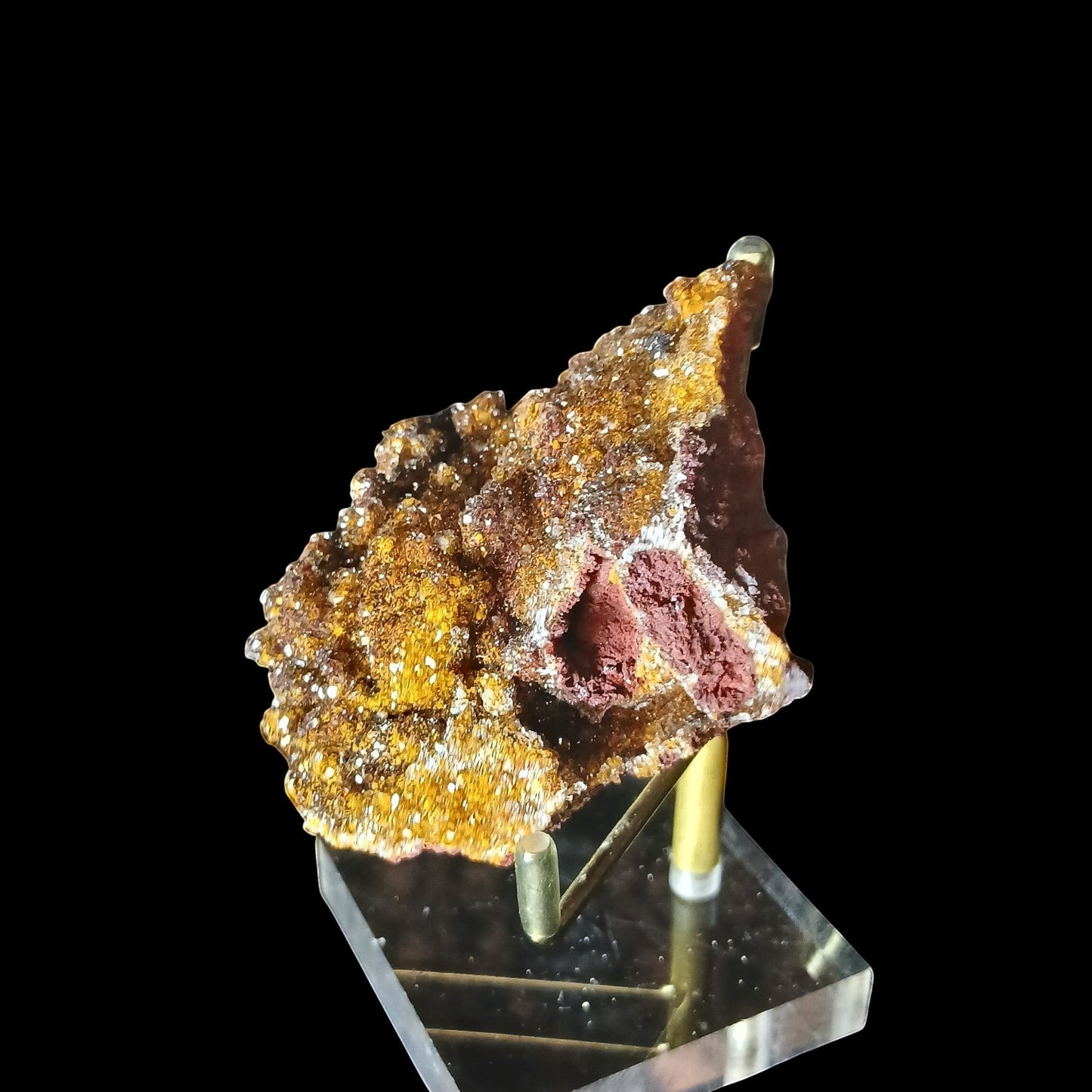 Fordite Haus: Crystals & Fordite yellow manganese druzy quartz mineral specimen with sparkly texture on display stand
